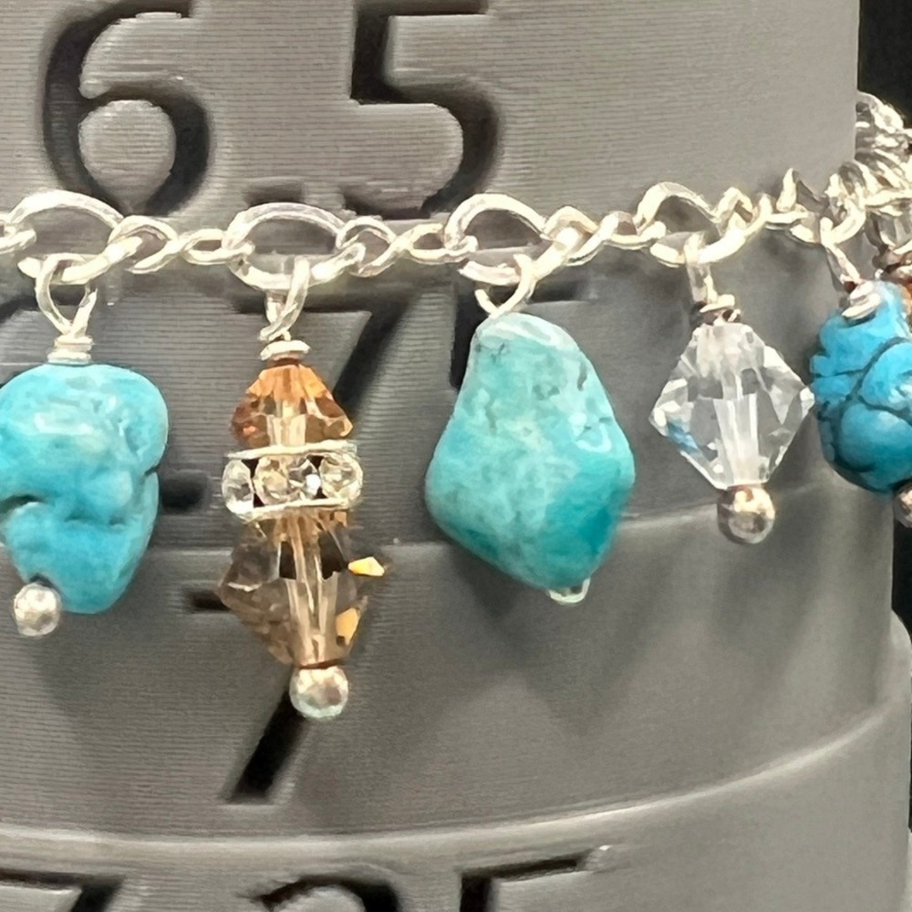 Sterling Silver Charm Bracelet Blue Stones Champaign Clear Bicone Beads 7.5"Max